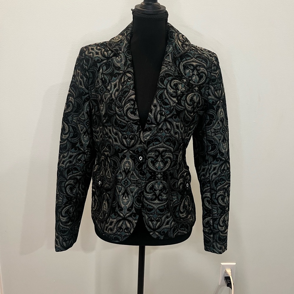 Vintage Ninety Tapestry Blazer Women's‎ Size 4 Bling Buttons Regency Glam